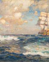 Carl Becker (Hameln 1862 - Hamburg 1926). Segler mit grünem Rumpf auf See.