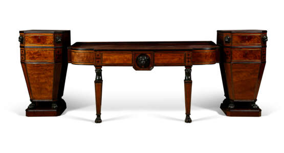 A REGENCY BRASS-INLAID MAHOGANY, BRONZED AND EBONY SERVING TABLE AND PAIR OF PEDESTALS - фото 1