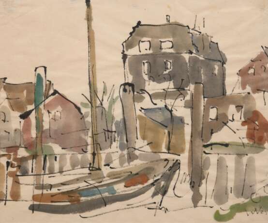 Voss, Willi (1902 Hamburg-1973 ebenda) "Kleiner Stadthafen", Aquarell, undeutl. sign. u.r., 24x28 cm, im Passepartout hinter Glas und Rahmen - photo 1