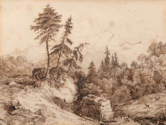 Künstler 19. Jh. "Bewaldete Gebirgslandschaft mit Rehen", Federzeichnung, unsign., leicht fleckig, 14,5x19,5 cm, im Passepartout hinter Glas und Rahmen - photo 1