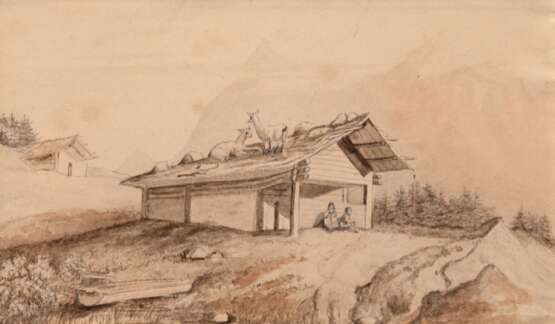 Künstler 19. Jh. "Berghütte", Zeichnung, unsign., 11,5x19,5 cm, im Passepartout hinter Glas und Rahmen - photo 1