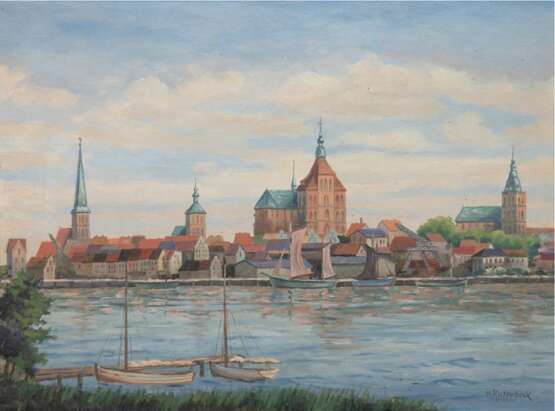Rutenbeck, Harry (Schwaaner Maler) "Rostock-Ansicht vom Gehlsdorfer Ufer aus gesehen", Öl/ Hartfaser, sign. u.r., 30x40,5 cm, Rahmen (H. Rutenbeck gehörte zu den teilweise in Schwaan ansässigen malenden Laiensc… - Foto 1