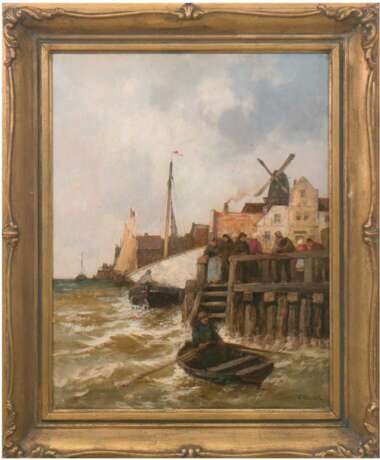 Wagner, Karl Ludwig Friedrich (1839 Karlsruhe-1923 Düsseldorf) "Belebte holländische Hafenszene", Öl/Holz., signiert u.r., 57x44 cm, Rahmen (Er war ein deutscher Maler. Von 1854 bis 1864 war er Schüler bei Lud… - Foto 1