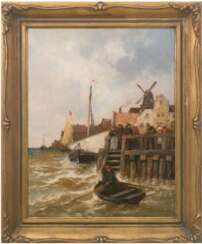Wagner, Karl Ludwig Friedrich (1839 Karlsruhe-1923 Düsseldorf) &quot;Belebte holländische Hafenszene&quot;, Öl/Holz., signiert u.r., 57x44 cm, Rahmen (Er war ein deutscher Maler. Von 1854 bis 1864 war er Schüler bei Lud…
