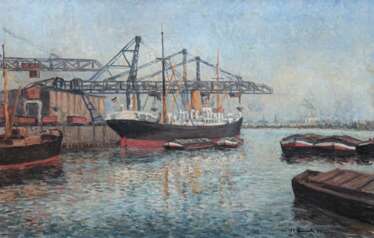 &quot;Im Hochseehafen&quot;, Öl/ Lw., undeutl. sign. u.r., 48x69 cm, Rahmen
