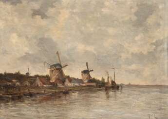 Eckenbrecher, Themistokles von (1842 Athen-1921 Goslar) zugeschrieben &quot;Holländisches Fischerdorf mit Fischerbooten und Windmühlen&quot;, Öl/Lw., monogrammiert 'T.v.E.' u.r., 50x65 cm