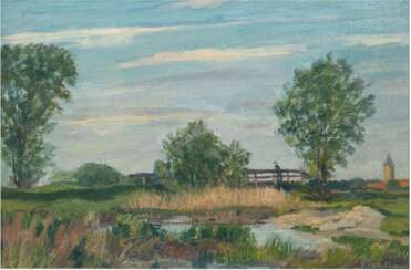 Westermann, Johann Fritz (1889 Düsseldorf-?) &quot;Marsch bei Glückstadt&quot;, Öl/Lw., sign. u.r., 30x44 cm, Rahmen, doubliert