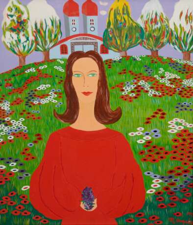 "Porträt einer jungen Frau auf einer Blumenwiese", Öl/ Lw., sign. "Mary Angela" und dat. 1977, 49,5x39 cm, Rahmen - photo 1 "Porträt einer jungen Frau auf einer Blumenwiese", Öl/ Lw., sign. "Mary Angela" und dat. 1977, 49,5x39 cm, Rahmen - photo 1