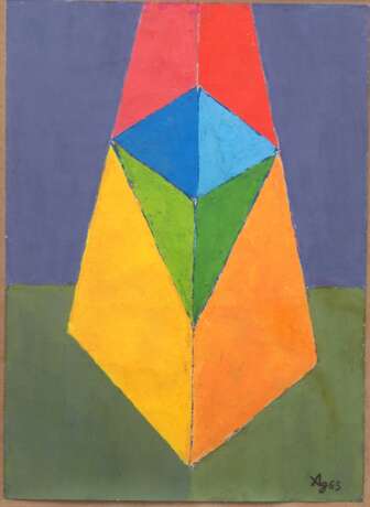 Ausleger, Rudolf (1897 Weißenfels-1974 Berlin) "Geometrische Figuren", Gouache, monogr. u.r. und dat. ´65, 30x21 cm, im Passepartout hinter Glas und Rahmen - photo 1
