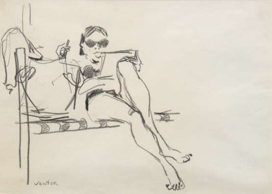 Vontra, Gerhard (1920 Altenburg-2010 Prerow) "Sonnenbaden", Graphitzeichnung, sign. u.l., 20,5x28 cm, im Passepartout hinter Glas und Rahmen - photo 1