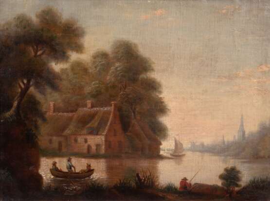 "Angler in romantischer Landschaft", Öl/ Lw., unsign., 26x36 cm, Rahmen - Foto 1