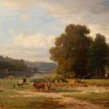 Barbizon-Schule um 1820 "Kühe am Weiher-vermutl. Kobbelbude in Ostpreußen", Öl/ Lw., doubliert, carqueliert, 24,5x43,5 cm, Rahmen - Foto 1