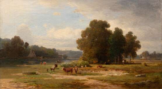 Barbizon-Schule um 1820 "Kühe am Weiher-vermutl. Kobbelbude in Ostpreußen", Öl/ Lw., doubliert, carqueliert, 24,5x43,5 cm, Rahmen - Foto 1