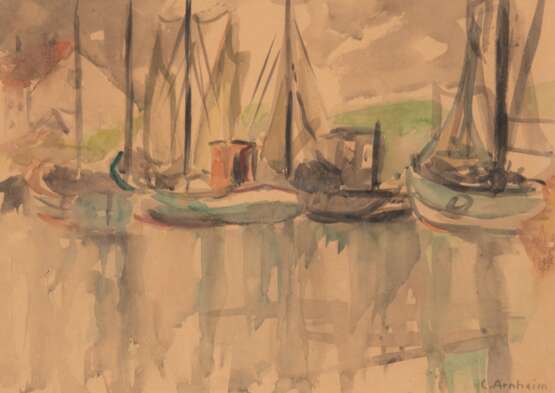 Arnheim, Clara (1870 Berlin-1943 Theresienstadt) "Schiffe im Hafen", Aquarell, sign. u.r., 28,5x38 cm, im Passepartout hinter Glas und Rahmen (Malerin und Schriftführerin im "Verein Berliner Künstlerinnen&… - photo 1