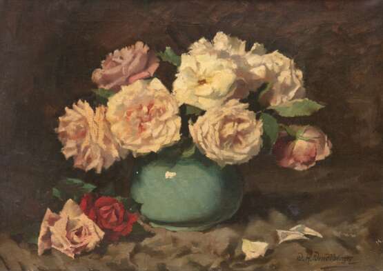 Wendlberger, Wenzel Hermann "Stilleben mit Rosenstrauß in Vase", Öl/ Lw., sign. u.r., rückseitig alter Aufkleber "Kunsthandlung Pernitzsch Leipzig", 40x53 cm, Rahmen (besch.) - photo 1