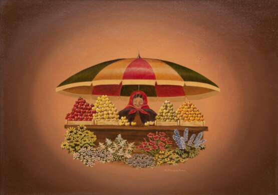 Mosbacher, Helga (geb. 1940 in Hamburg) "Am Obststand", Öl/Platte, sign. u.r., 30x40 cm, Rahmen - photo 1