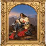 Hildebrandt, Ferdinand Theodor (1804 Stettin-1874 Düsseldorf) "Tancred tauft die sterbende Chlorinde", Öl/ Holz, rückseitig bezeichnet, Szene aus Tasso´s "Befreitem Jerusalem", 39x31,5 cm, im Prunkrah… - Foto 1