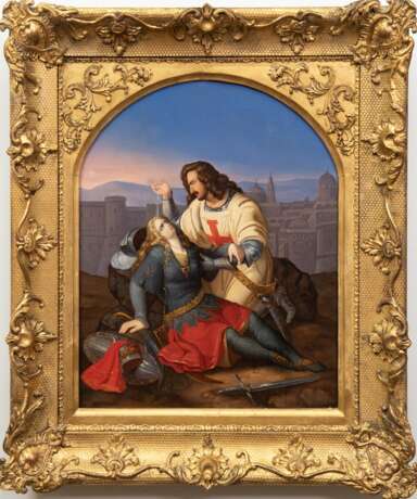 Hildebrandt, Ferdinand Theodor (1804 Stettin-1874 Düsseldorf) "Tancred tauft die sterbende Chlorinde", Öl/ Holz, rückseitig bezeichnet, Szene aus Tasso´s "Befreitem Jerusalem", 39x31,5 cm, im Prunkrah… - Foto 1 Hildebrandt, Ferdinand Theodor (1804 Stettin-1874 Düsseldorf) "Tancred tauft die sterbende Chlorinde", Öl/ Holz, rückseitig bezeichnet, Szene aus Tasso´s "Befreitem Jerusalem", 39x31,5 cm, im Prunkrah… - Foto 1
