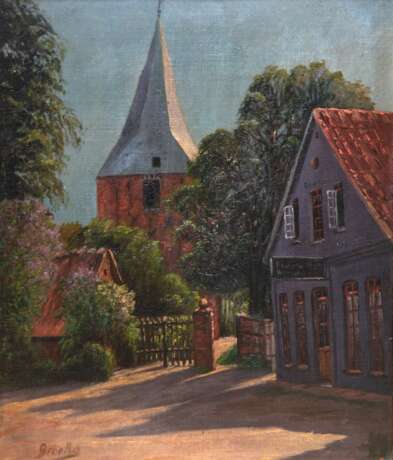 "Dorfansicht mit Kirche", Öl/ Hartfaser, bez. u.l. "Broeke", 48x39 cm, Rahmen - Foto 1