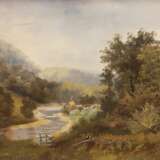 Schleichardt, C. (Maler 19./ 20. Jh.) "Hügelige Waldlandschaft mit Flußlauf", Öl/ Lw., sign. mit Ortsangabe "Düsseldorf 1896" u.r., 1 Hinterlegung, 46x65 cm, Rahmen - Foto 1