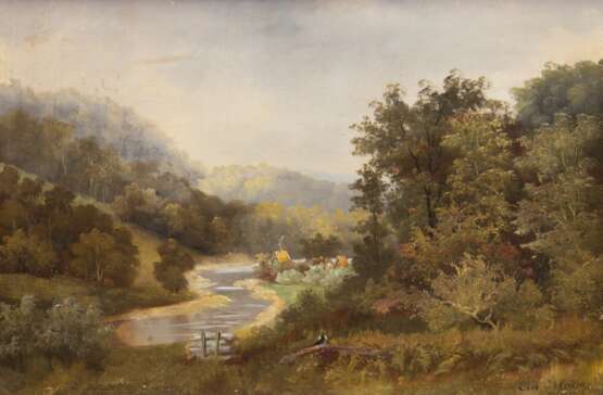 Schleichardt, C. (Maler 19./ 20. Jh.) "Hügelige Waldlandschaft mit Flußlauf", Öl/ Lw., sign. mit Ortsangabe "Düsseldorf 1896" u.r., 1 Hinterlegung, 46x65 cm, Rahmen - Foto 1 Schleichardt, C. (Maler 19./ 20. Jh.) "Hügelige Waldlandschaft mit Flußlauf", Öl/ Lw., sign. mit Ortsangabe "Düsseldorf 1896" u.r., 1 Hinterlegung, 46x65 cm, Rahmen - Foto 1