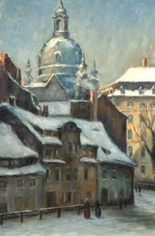 Schirmer, Hans (1882 Harburg-1965 Dresden) "Verschneite Stadtansicht mit Kirche im Hintergrund", Öl/ Lw., sign. u.l., 55x35 cm, Rahmen - photo 1