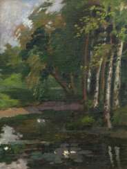 Axter, Maria Viktoria von (1884 Linz, Österreich-1966 Hannover) &quot;Warnemünder Seerosenteich&quot;, Öl/ Karton, unsign., rückseitig Bestätigung Prof. Dr. Dieter Lindenlaub, 51x38 cm, Rahmen