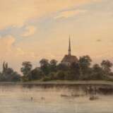 Streckfuß, Wilhelm (1817 Merseburg-1896 Schöneberg) "Dorfkirche am See", Aquarell, Nachlaßstempel, 18x28 cm, hinter Glas und Rahmen - photo 1