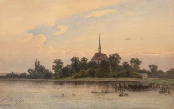 Streckfuß, Wilhelm (1817 Merseburg-1896 Schöneberg) "Dorfkirche am See", Aquarell, Nachlaßstempel, 18x28 cm, hinter Glas und Rahmen - photo 1 Streckfuß, Wilhelm (1817 Merseburg-1896 Schöneberg) "Dorfkirche am See", Aquarell, Nachlaßstempel, 18x28 cm, hinter Glas und Rahmen - photo 1