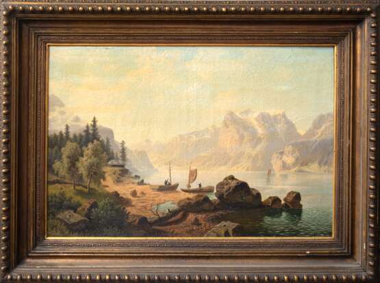 Nocken, Wilhelm Theodor (1830 Düsseldorf-1905 ebenda) "Gebirgslandschaft mit See", Öl/Lw., sign. u.l., 65,5x95 cm, Rahmen - photo 1 Nocken, Wilhelm Theodor (1830 Düsseldorf-1905 ebenda) "Gebirgslandschaft mit See", Öl/Lw., sign. u.l., 65,5x95 cm, Rahmen - photo 1