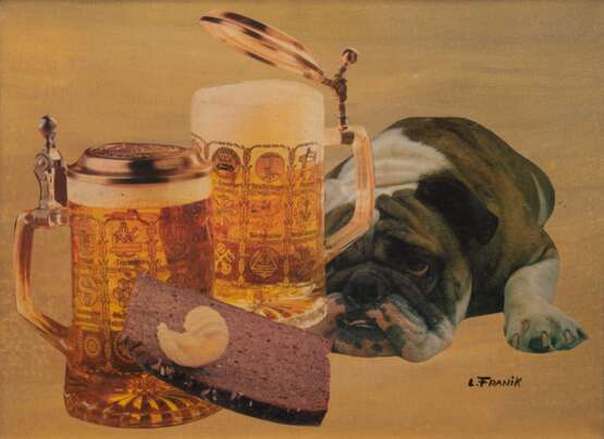 Franik, Lothar (1941 Siegen-2011 Berlin) "Bier-Laune", Pop Art, Öl/Lw./ Collage, sign. u.r., rückseitig bez., 29,5x39,5 cm, Rahmen (Der gelernte Kunstmaler und Werbegraphiker orientierte sich an den amerikanisc… - Foto 1