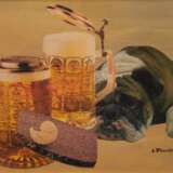 Franik, Lothar (1941 Siegen-2011 Berlin) "Bier-Laune", Pop Art, Öl/Lw./ Collage, sign. u.r., rückseitig bez., 29,5x39,5 cm, Rahmen (Der gelernte Kunstmaler und Werbegraphiker orientierte sich an den amerikanisc… - Foto 1