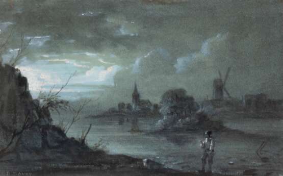 Donny, Désiré (1798-1861) "Wanderer am Flußufer", Aquarell/ Öl/ Papier, sign. u.l., Ölfarbe punktuell craqueliert, weiß gehöht, 13x18,5 cm, im Passepartout hinter Glas und Rahmen - Foto 1