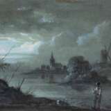 Donny, Désiré (1798-1861) "Wanderer am Flußufer", Aquarell/ Öl/ Papier, sign. u.l., Ölfarbe punktuell craqueliert, weiß gehöht, 13x18,5 cm, im Passepartout hinter Glas und Rahmen - Foto 1