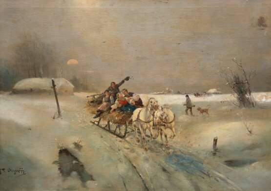 Stojanoff J.P. "Heimfahrt im winterlichen Mondschein", Öl/ Lw., 3 Hinterlegungen und Retuschen, 48x68,5 cm, Rahmen - Foto 1