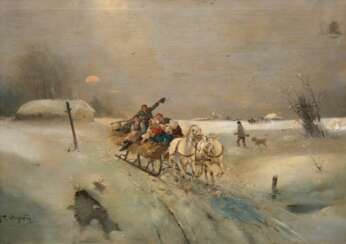 Stojanoff J.P. &quot;Heimfahrt im winterlichen Mondschein&quot;, Öl/ Lw., 3 Hinterlegungen und Retuschen, 48x68,5 cm, Rahmen