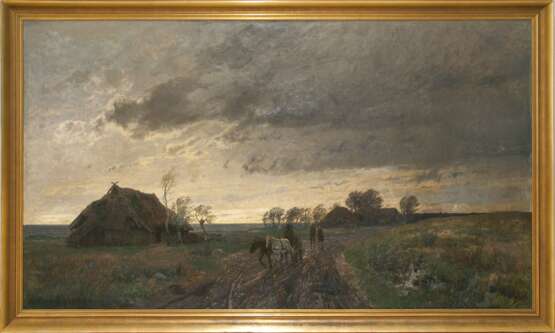 Scherres, Carl (1833 Königsberg -1923 Berlin) "Stürmischer Herbstabend in Lithauen", Öl/ Lw., sign. u.l., rückseitig betitelt und Künstleradresse, 106x196 cm, Rahmen (Deutscher Landschaftsmaler, studierte an de… - Foto 1