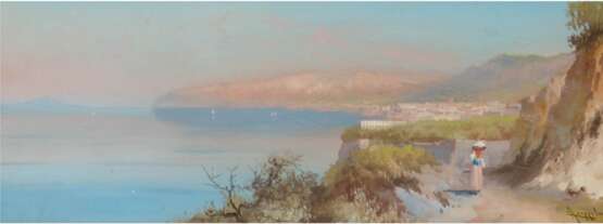 Coppola, Antonio (1839-1916) "Südländische Küstenlandschaft mit Frau auf Küstenstraße", Aquarell, signiert u.r., mehrere Wasserflecken, 18x46 cm, hinter Glas im Passepartout und Rahmen - фото 1