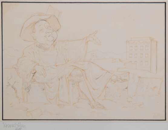 Karikatur "1988- Das Goethe-Institut in China", Zeichnung, undeutl. sign. u.l. und dat. 1988, 20,5x27 cm, hinter Glas und Rahmen (Karikatur Kalter Krieg H. D. Genscher, Sammlung versteigert im Bundesaußenminist… - фото 1