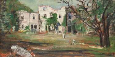 Lufft, Peter (1911 Braunschweig-1997 Wolfenbüttel) &quot;Löbbecker Villa in Braunschweig&quot;, Öl/ Karton, leicht gewölbt, sign. u.r. und dat. 1947, rückseitig alter Klebezettel mit Angaben zum Gemälde, 40x72,5 cm, Rahm…