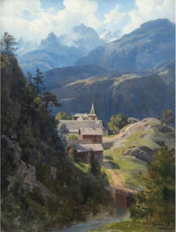 Mosengel, Adolf (1837 Hamburg-1885 ebenda) "Dorf am Bristen", Öl/Mp., Ortsbez. und dat. 1883 u.r., rücks. alter Aufkleber der "Galerie Commeter" mit Bezeichnung, 35x25 cm, Rahmen (Mosengel studierte 1… - photo 1