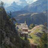 Mosengel, Adolf (1837 Hamburg-1885 ebenda) "Dorf am Bristen", Öl/Mp., Ortsbez. und dat. 1883 u.r., rücks. alter Aufkleber der "Galerie Commeter" mit Bezeichnung, 35x25 cm, Rahmen (Mosengel studierte 1… - photo 1