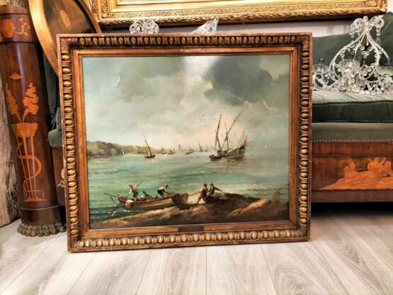 Large Marine Oil-on-Canvas Breton Fisherman in Original Frame 19th Century 19th century - Foto 4