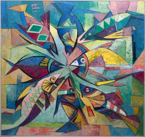 Malchow, Herbert (1942-2015) "Fische", Öl/ Lw., monogr. und dat. ´12, direkt beim Künstler erworben, 100x100 cm, Rahmen ( H. Malchow war Landschaftsmaler und Grafiker, Studium an der FHS Heiligendamm und auf Bu… - photo 1