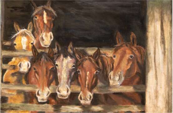 Tiermaler des 19. Jh. "Pferde aus dem Stall schauend", Öl/Lw., unsign., 1 Hinterlegung, 64x90 cm, Rahmen - Foto 1