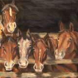 Tiermaler des 19. Jh. "Pferde aus dem Stall schauend", Öl/Lw., unsign., 1 Hinterlegung, 64x90 cm, Rahmen - Foto 1