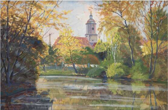 Drechsler, Hermann (1903-1979) "Herbstlandschaft mit Kirche", Gouache, sign. u.l. und dat. "Bremen 1930", 48x62 cm, hinter Glas und Rahmen - Foto 1