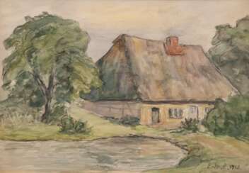 Hennemann-Lange, Eva-Marie (1921 - 2016 Schwerin) "Bauernkate in sommerlicher Landschaft", Aquarell, monogr. u.r. und dat. 1958, 29x41 cm, hinter Museumsglas im Rahmen (2. Ehefrau von Karl Hennemann)