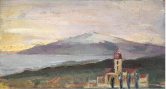 "Kathedrale vor Bergmassiv", Öl/Holz, unsign., 15x27 cm, ungerahmt - фото 1