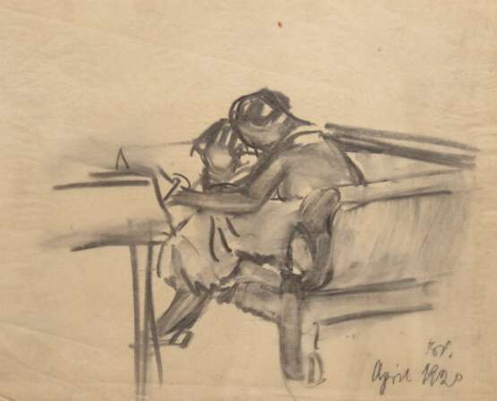 Bremer, Hans (1885 Berlin-1959 Berlin) "Frau mit Mädchen auf dem Sofa", Zeichnung/ Pergament, sign. u.r. und dat. 1920, 23,5x28,5 cm, ungerahmt (1903 -1913 Studium an der Staatlichen Hochschule der Bildenden Kü… - photo 1